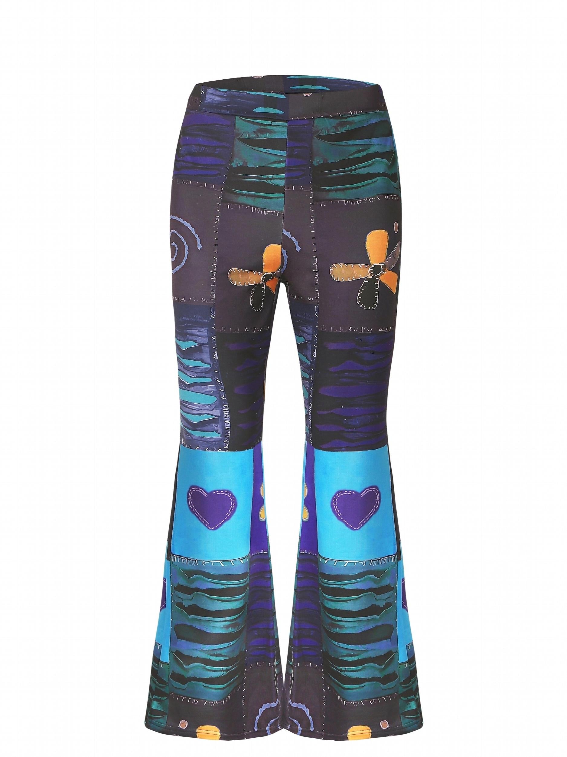 Colorblock Graphic Print High Waist Flared Leg Pants