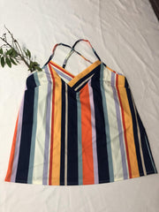 Striped Print Cami Top Boho V Neck Spaghetti Summer Sleeveless Top