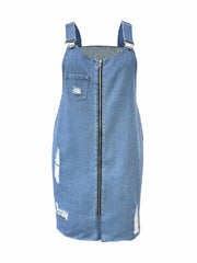 Casual Denim Overall Dress Women's Plus Solid Ripped Zipper Buckle