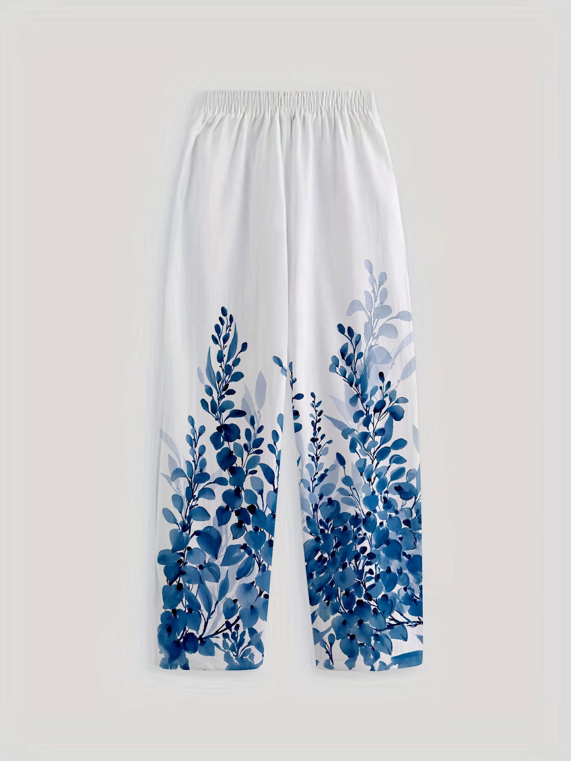 Leaf Print Elastic Waist Straight Leg Pants