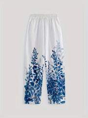 Leaf Print Elastic Waist Straight Leg Pants