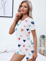 Heart Print Pajamas Set Short Sleeve Crew Neck Top & Shorts Women's Sleepwear