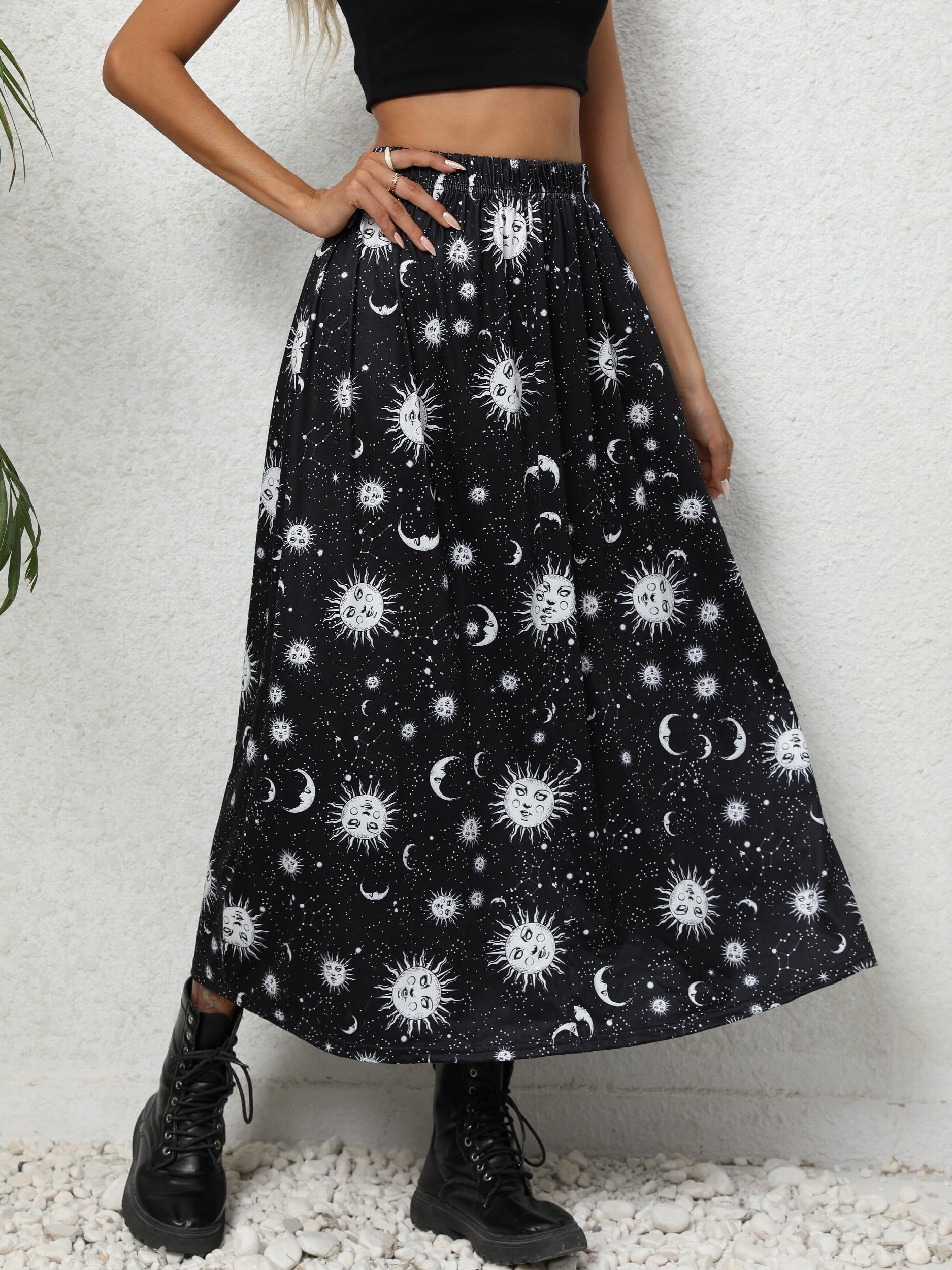 Galaxy Print Midi Skirt High Waist Spring Summer Women's Clothing
