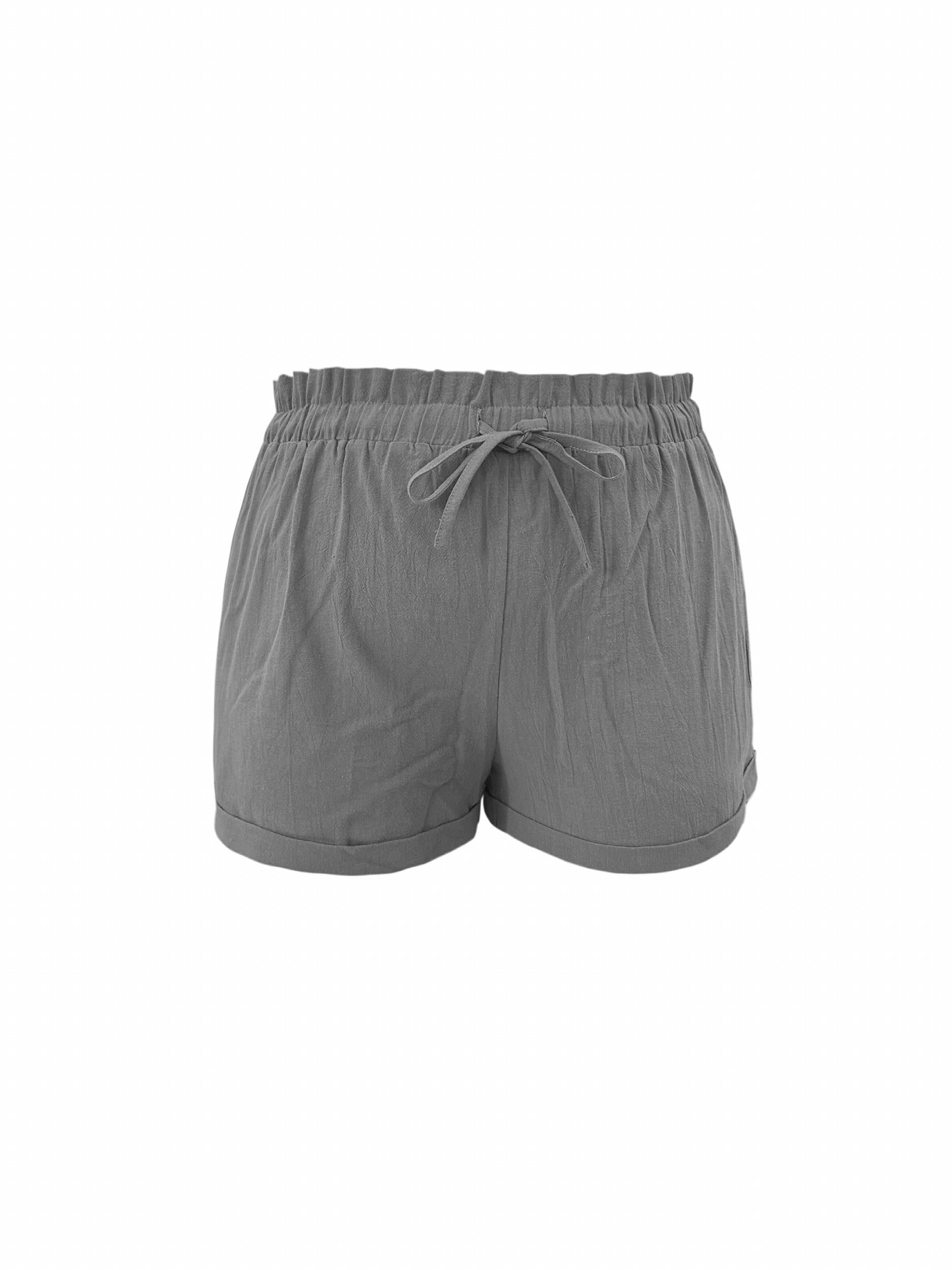 Sporty Shorts Women's Plus Solid Frill Trim High Rise Roll Up Shorts