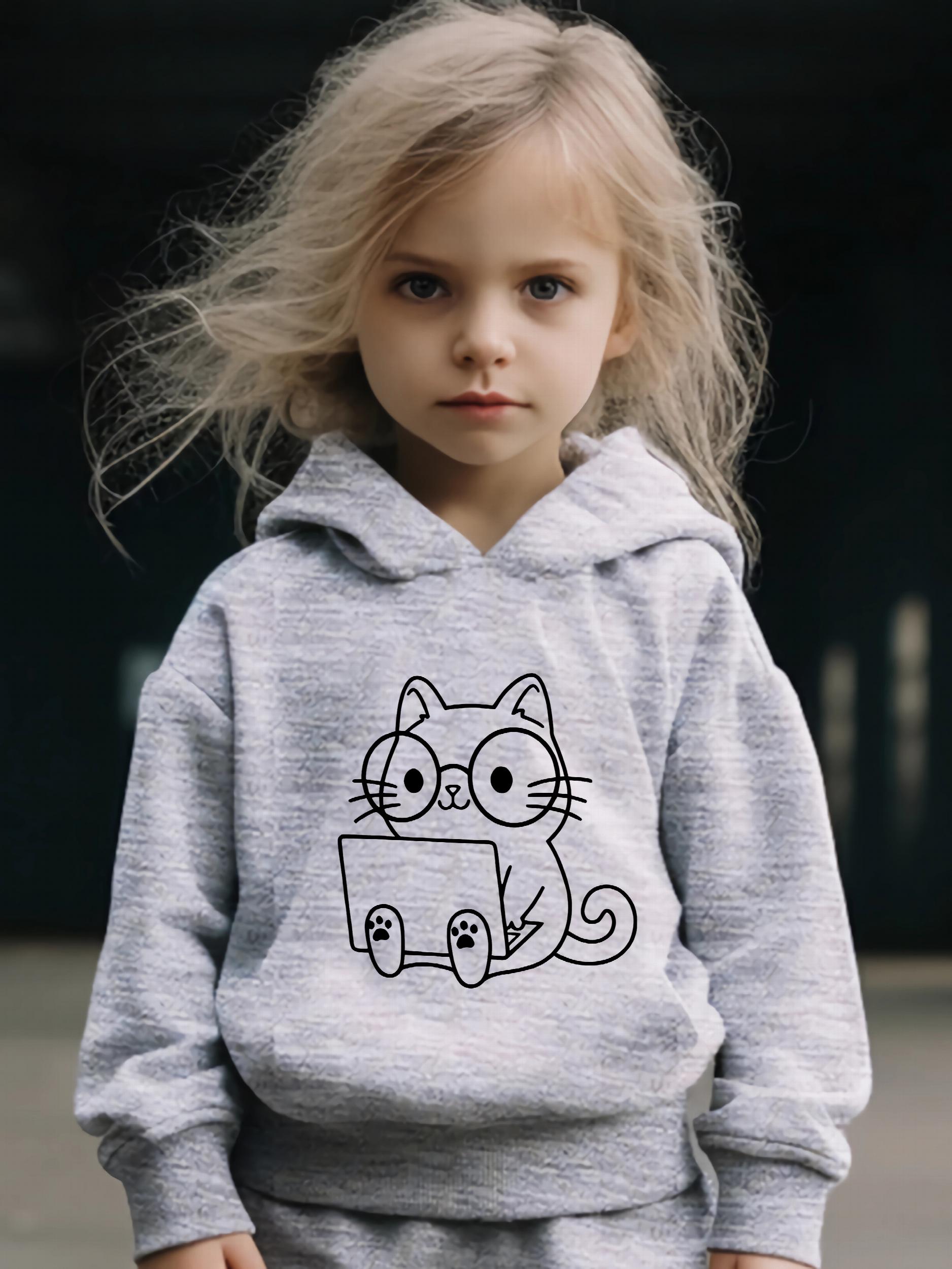 Kid's 2pcs Cat & Computer Print Outfit Hoodie & Pants Set