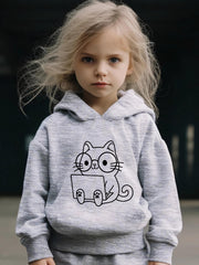 Kid's 2pcs Cat & Computer Print Outfit Hoodie & Pants Set