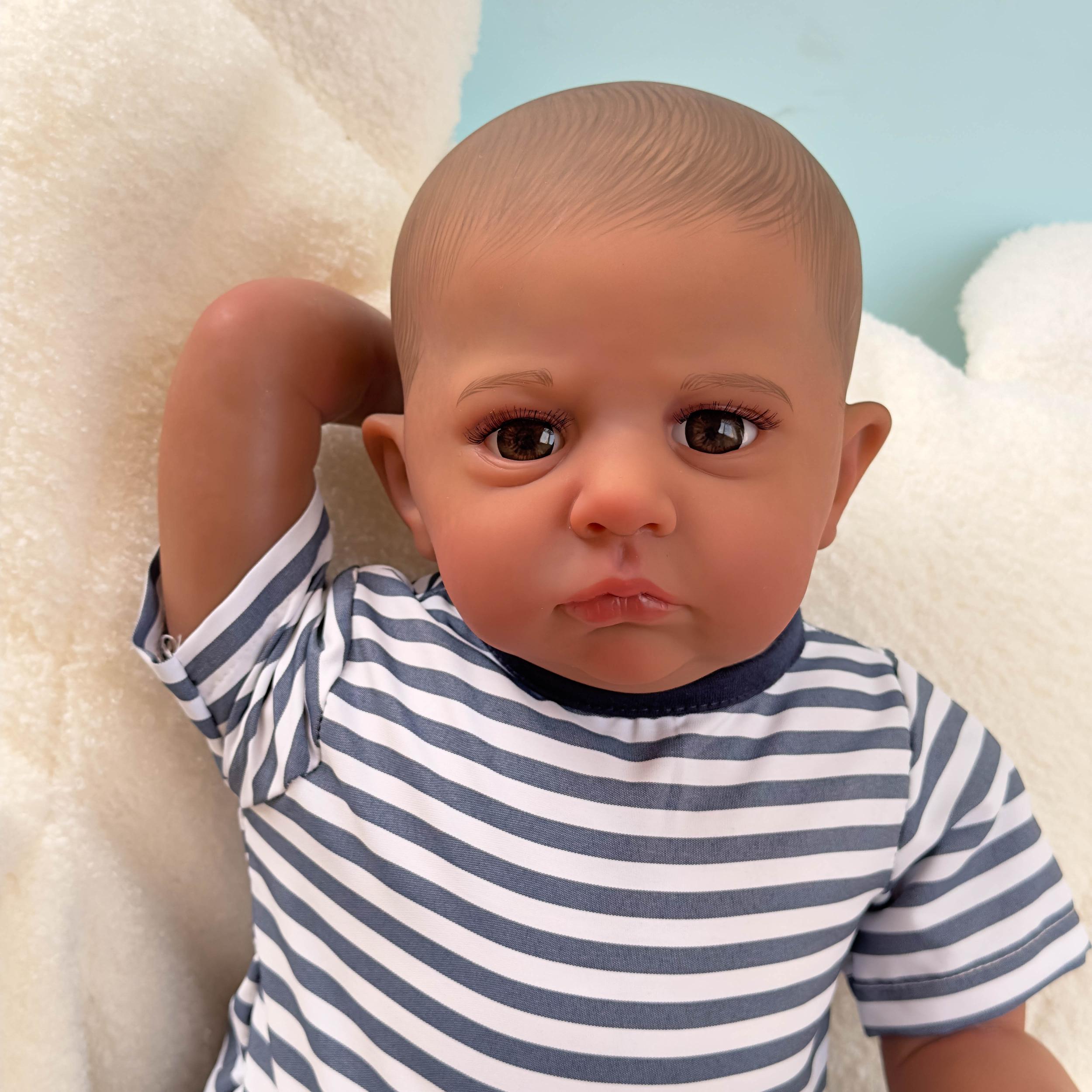 Dark Brown Skin Reborn Baby Doll Painted Hair 3D Skin