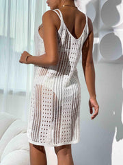 Hollow Out Crochet Cover Up Dress V Neck Semi Sheer