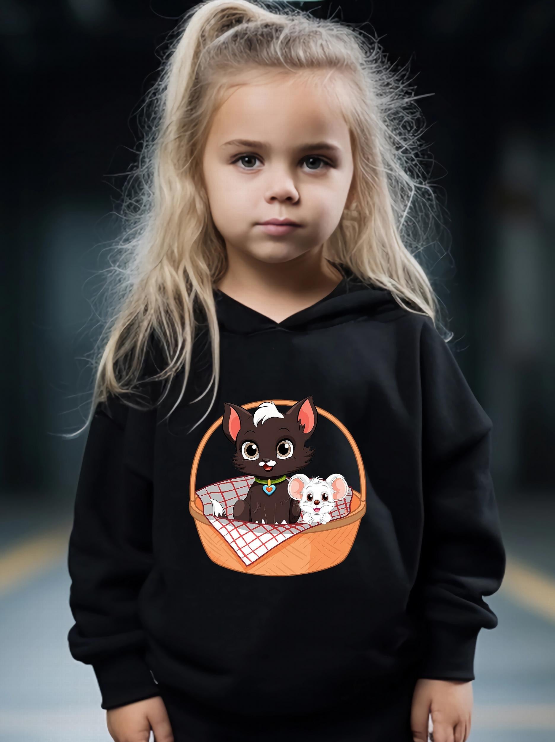 Kid's Cat & Mouse Print Hoodie & Pants Set Girl's Sporty Clothes