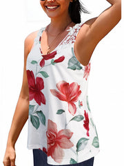 Floral Print Lace Tank Top Sleeveless Summer V-Neck