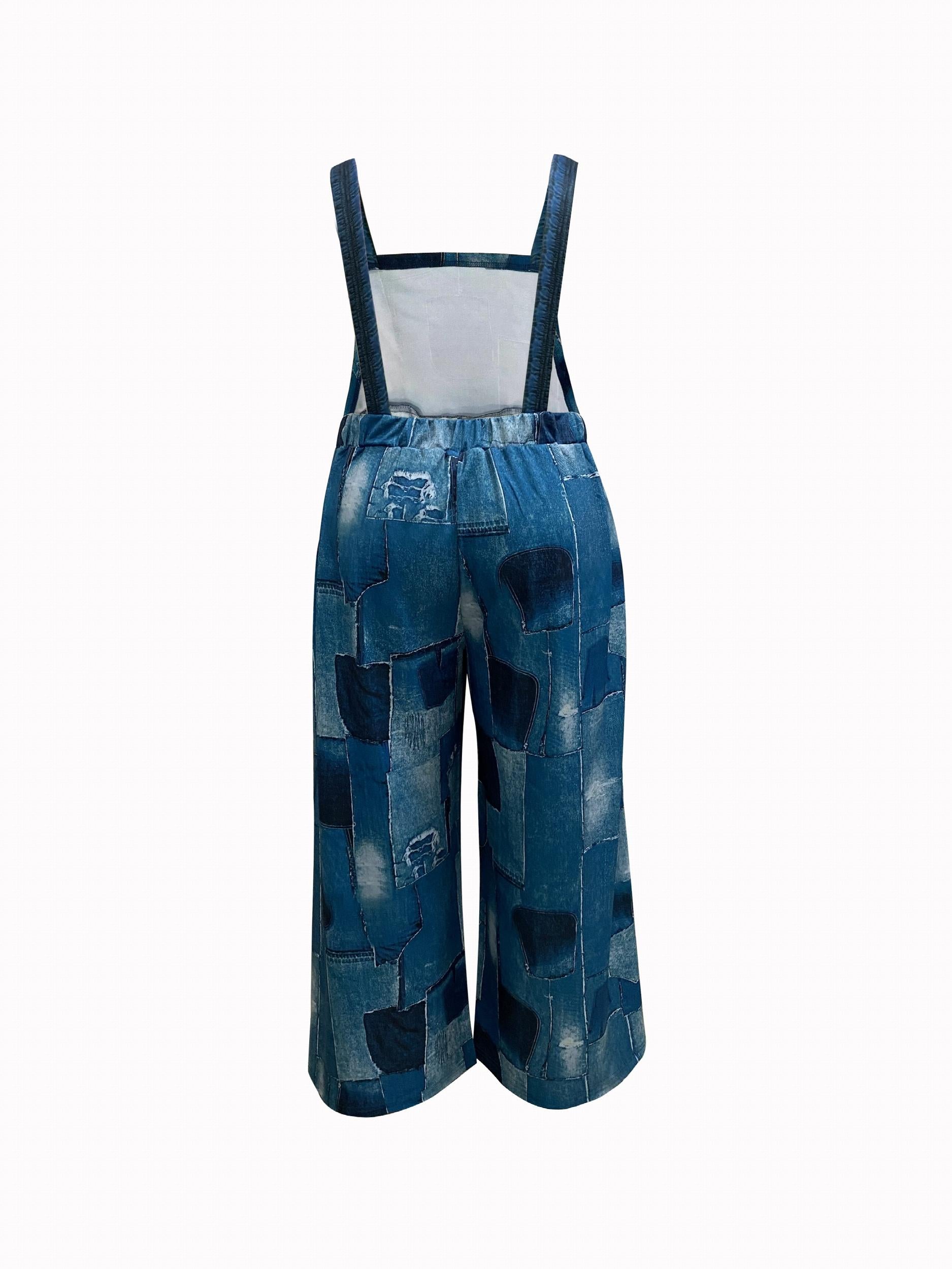 Women's Plus Denim Print Square Neck Wide Leg Jumpsuit
