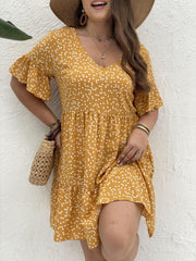 Heart Print Bell Sleeve V Neck Smock Dress