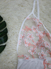 Plum Blossom Embroidered Lace Teddy Bodysuit