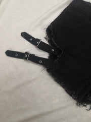 Punk Denim Shorts Halloween Eyelash Trim Cut Out Button Up