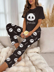 Panda Print Pajama Set Short Sleeve Top & Pants Women's Sleepwear