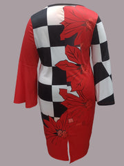 Casual Dress Colorblock Grid & Leaf Print Bell Sleeve