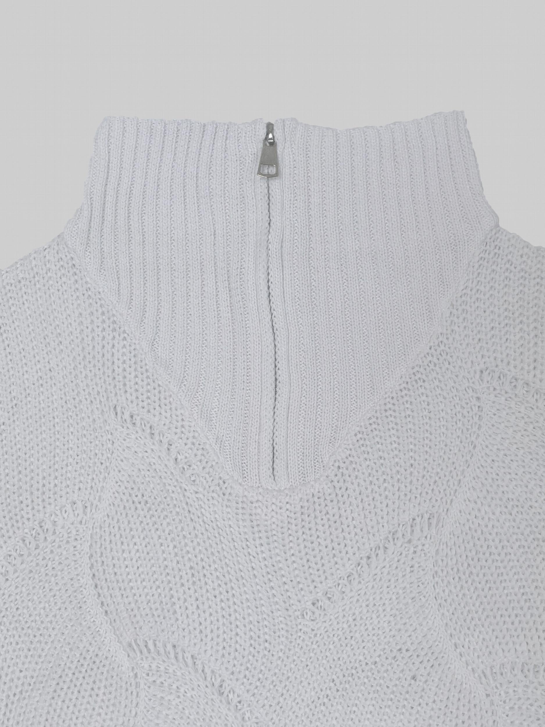 Solid Pointelle Long Sleeve Half Zipper V Neck Sweater