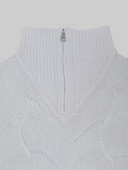 Solid Pointelle Long Sleeve Half Zipper V Neck Sweater