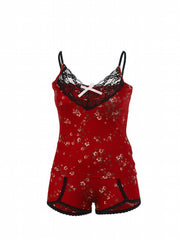 Floral Print Pajama Set Lace Stitching Cami Top & Shorts