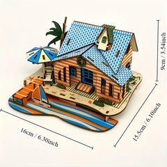 3D Wooden Beach House Puzzle DIY Toy Orange & Striped Theme