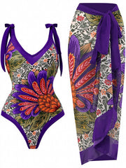 Floral Print Tie Shoulder One Piece Swimsuit & Wrap Maxi Cover Up Dress
