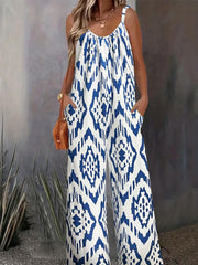 Geometric Print V Neck Wide Leg Jumpsuit