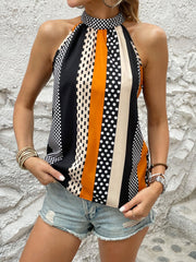 Striped Print Keyhole Top High Neck Sleeveless Top