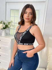 Sexy Bra Contrast Letter Tape Mesh Full Cover Semi Sheer Bra