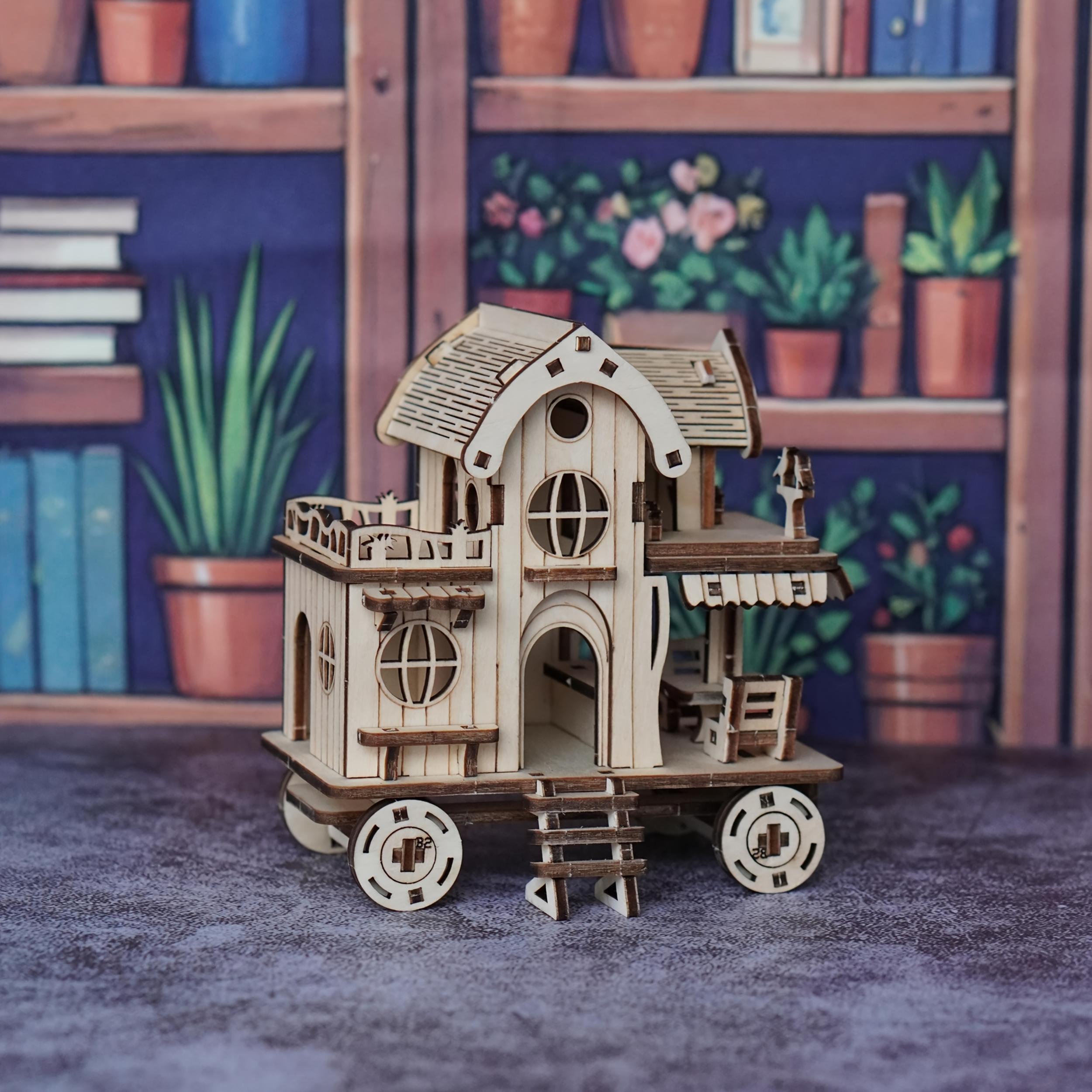 3D Wooden Puzzle Villa House Mobile House with Wheels Model of a Wooden Caf Bar