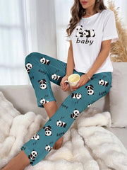 Panda Print Pajama Set Short Sleeve Top & Pants