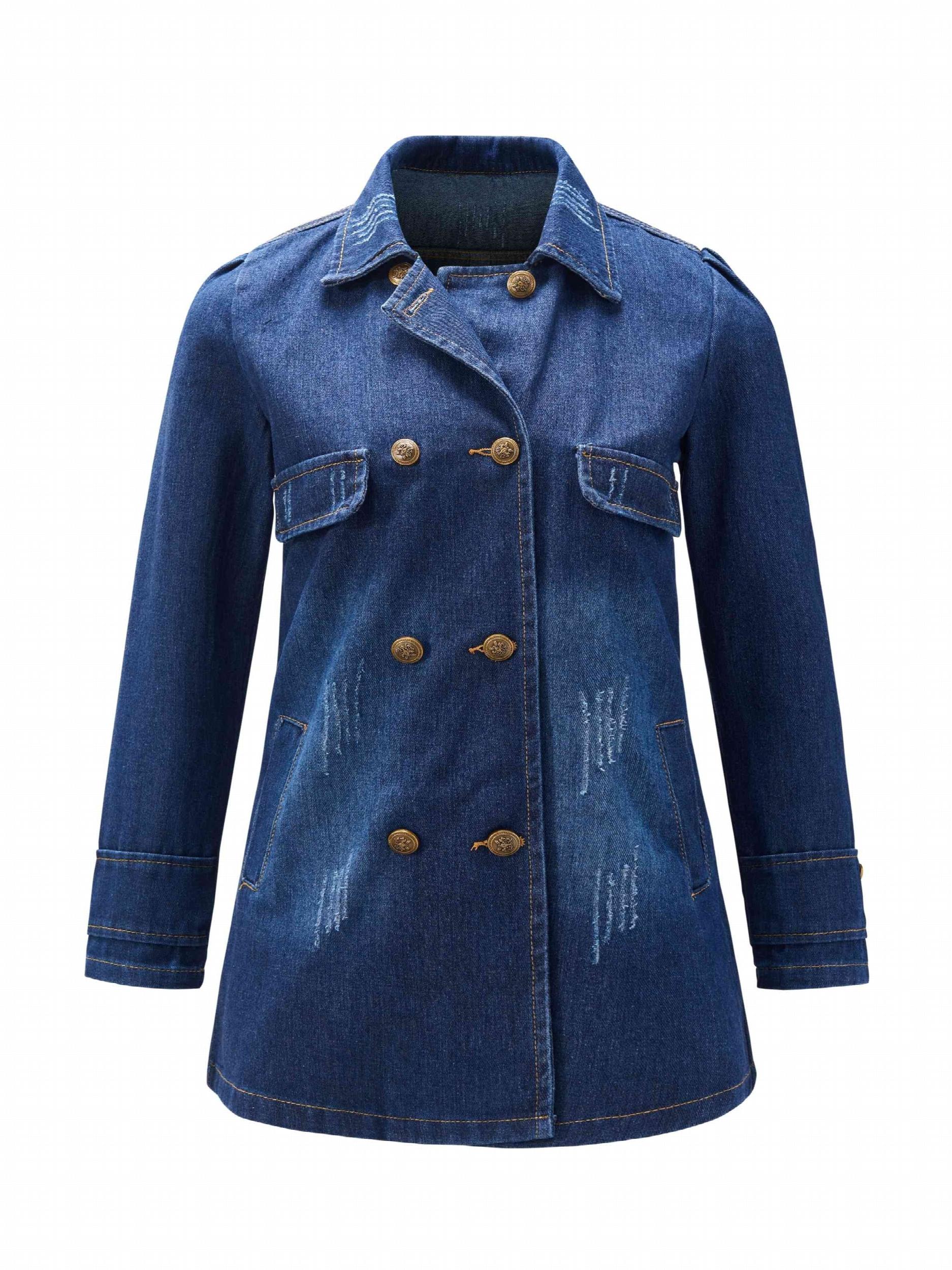Double Breasted Distressed Denim Jacket Women's Long Sleeve Coat