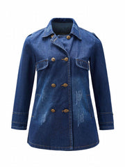 Double Breasted Distressed Denim Jacket Women's Long Sleeve Coat