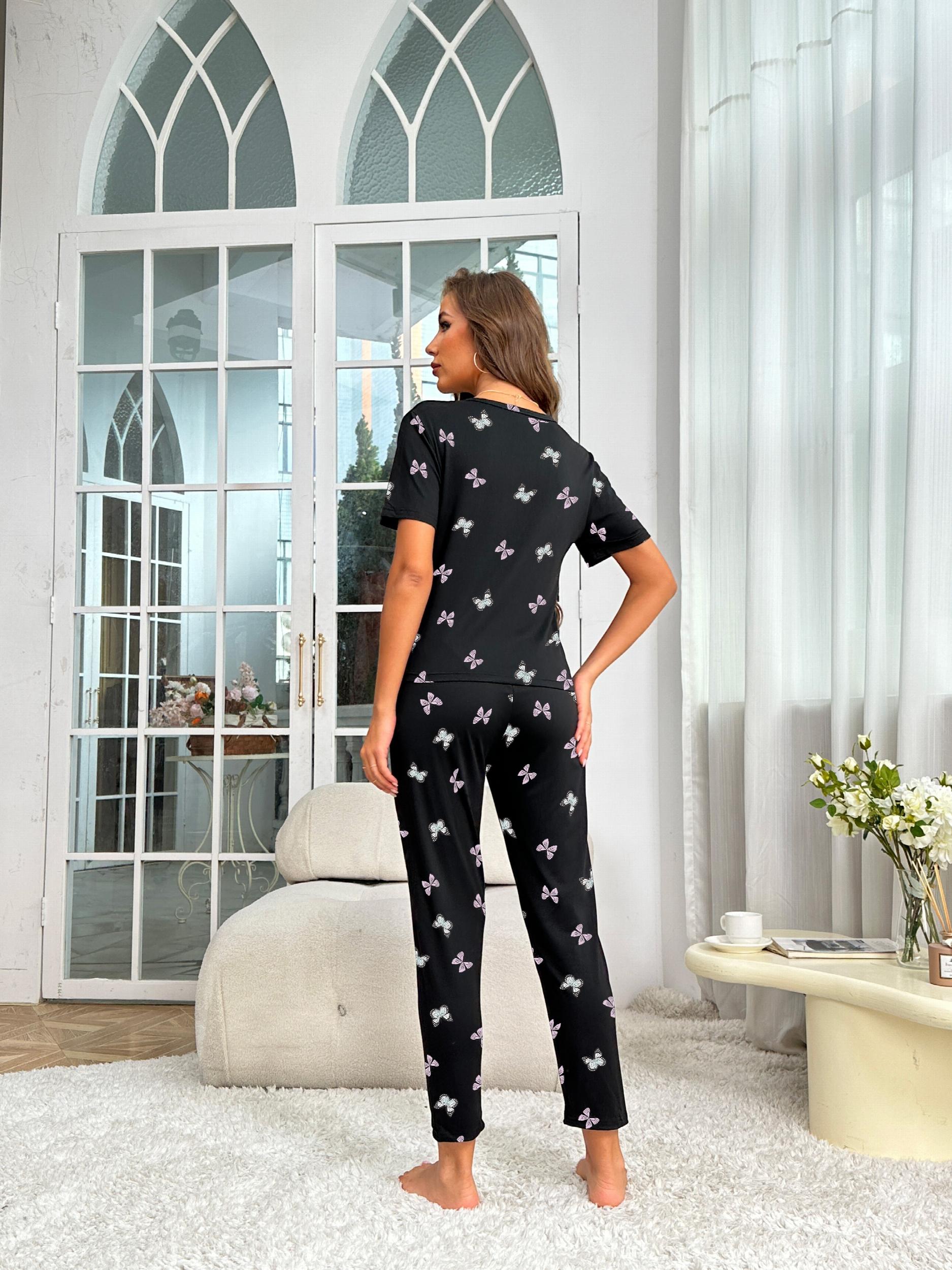 Butterfly Print Pajama Set Short Sleeve Tee & Pants Women's Sleepwear
