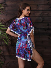 Tie Dye Pom Pom Trim Split Side Cover Up Dress Women's Swimwear