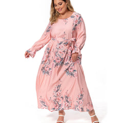 Floral Print Ruffle Trim Long Sleeve Dress With Belt
