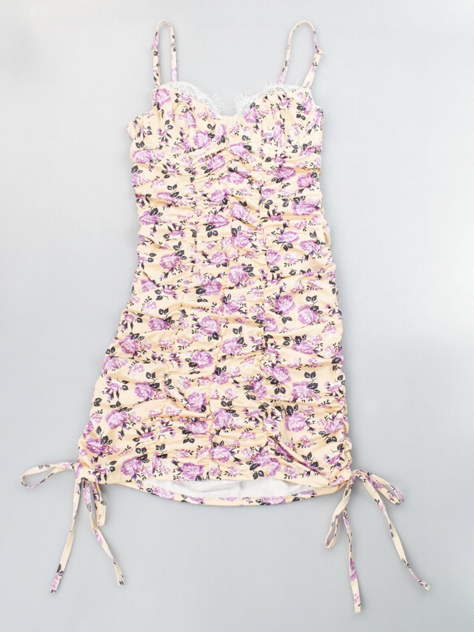 Floral Print Nightdress Lace Trim Ruched Sleep Dress