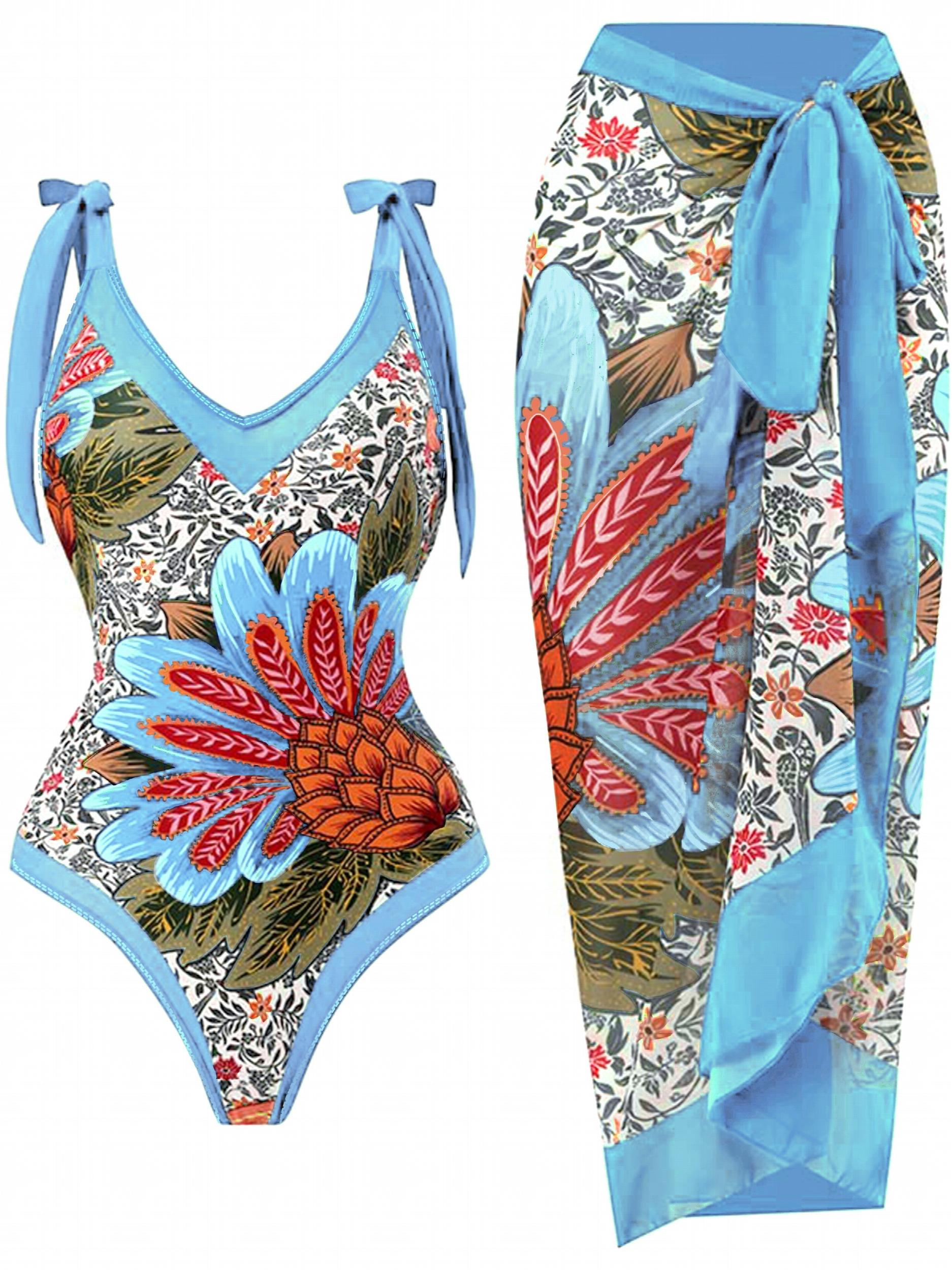 Floral Print Tie Shoulder One Piece Swimsuit & Wrap Maxi Cover Up Dress