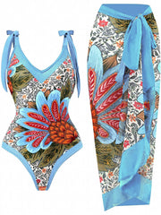 Floral Print Tie Shoulder One Piece Swimsuit & Wrap Maxi Cover Up Dress
