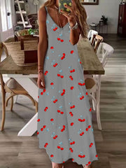 Casual Dress Women's Plus Cherry Print V Neck Maxi Cami Dress