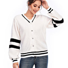 Striped Print Button Front Preppy Jacket V Neck Long Sleeve Outerwear