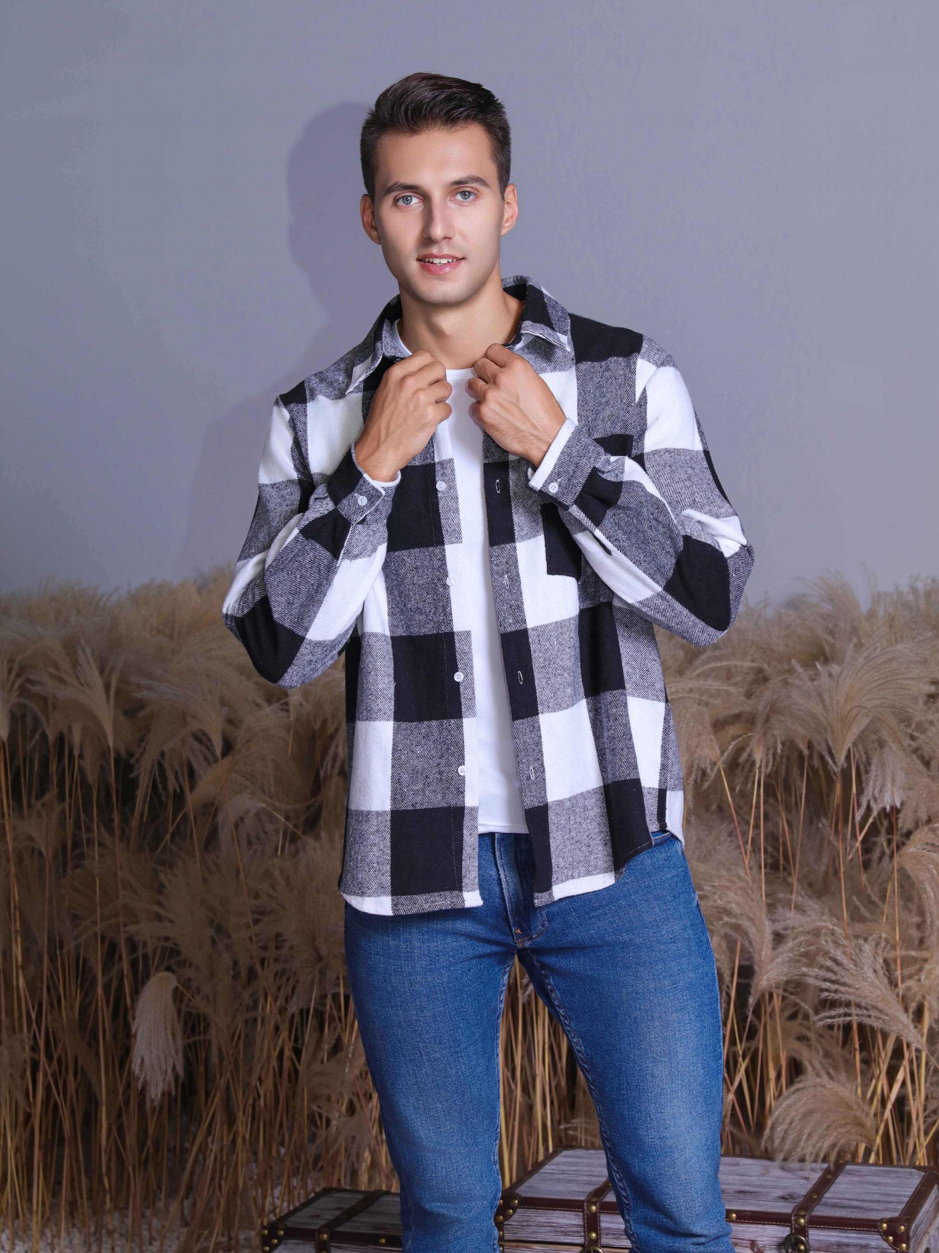 Men's Plaid Shirt Long Sleeve Button Up Casual Lapel Outdoor