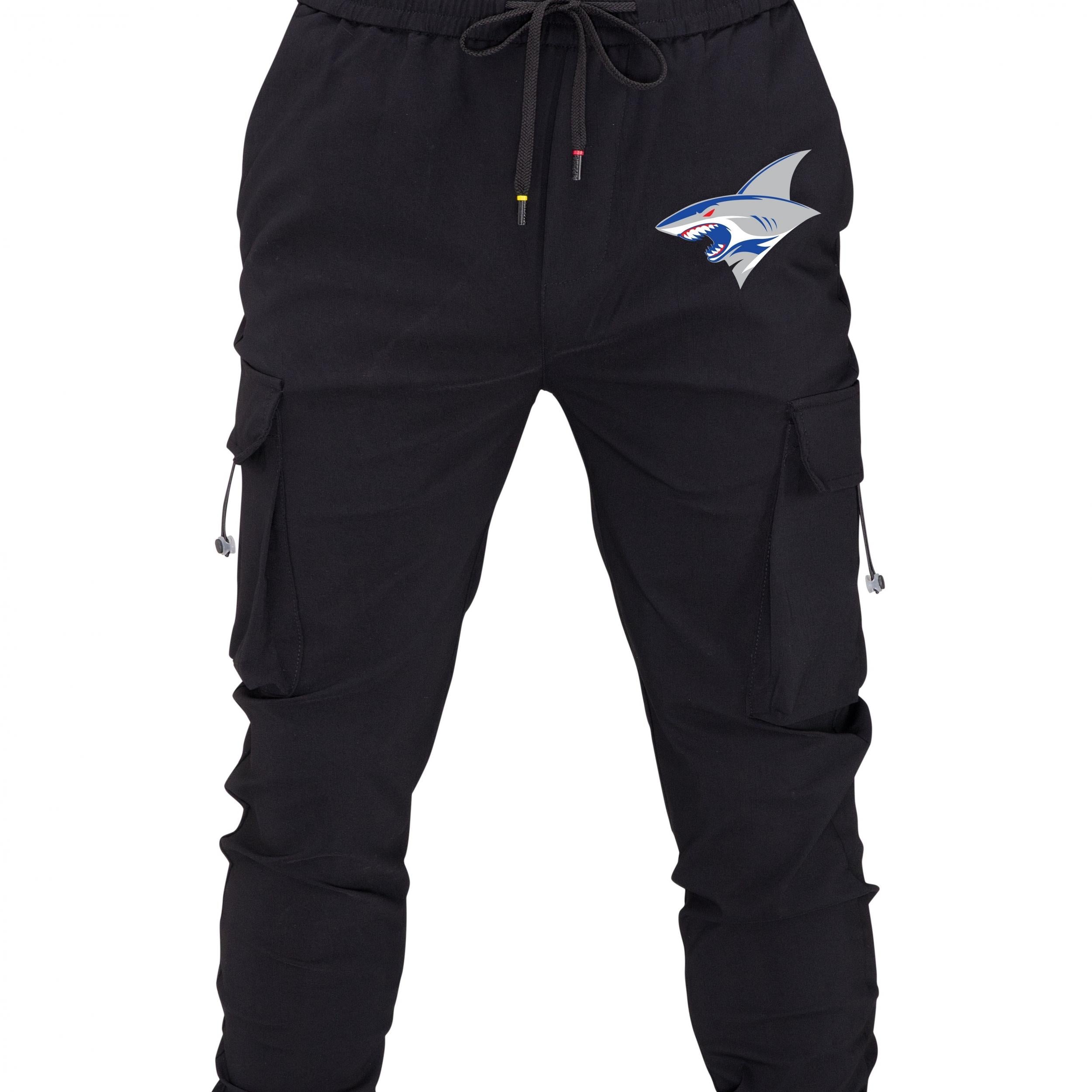 Mens Cartoon Shark Print Cargo Pants Loose Fit Drawstring Joggers