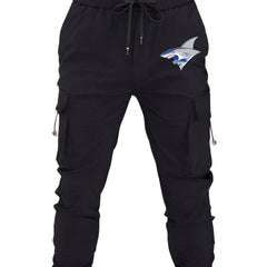 Mens Cartoon Shark Print Cargo Pants Loose Fit Drawstring Joggers