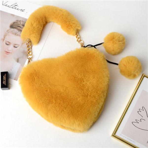 Faux Fur Heart-shaped Small Handbag Fluffy Chain Shoulder Bag