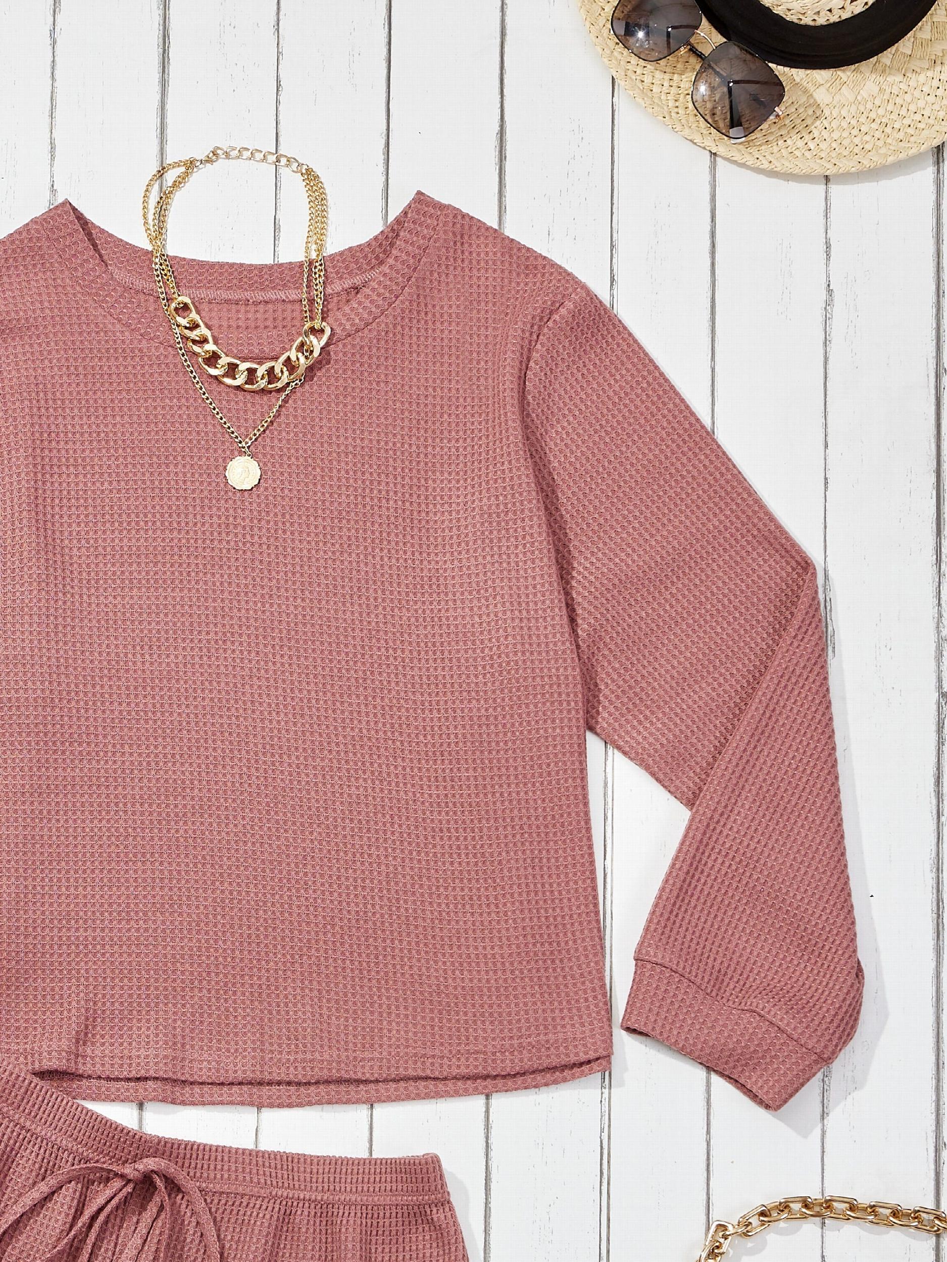 Waffle Pattern Long Sleeve Top & Shorts 2 Piece Set