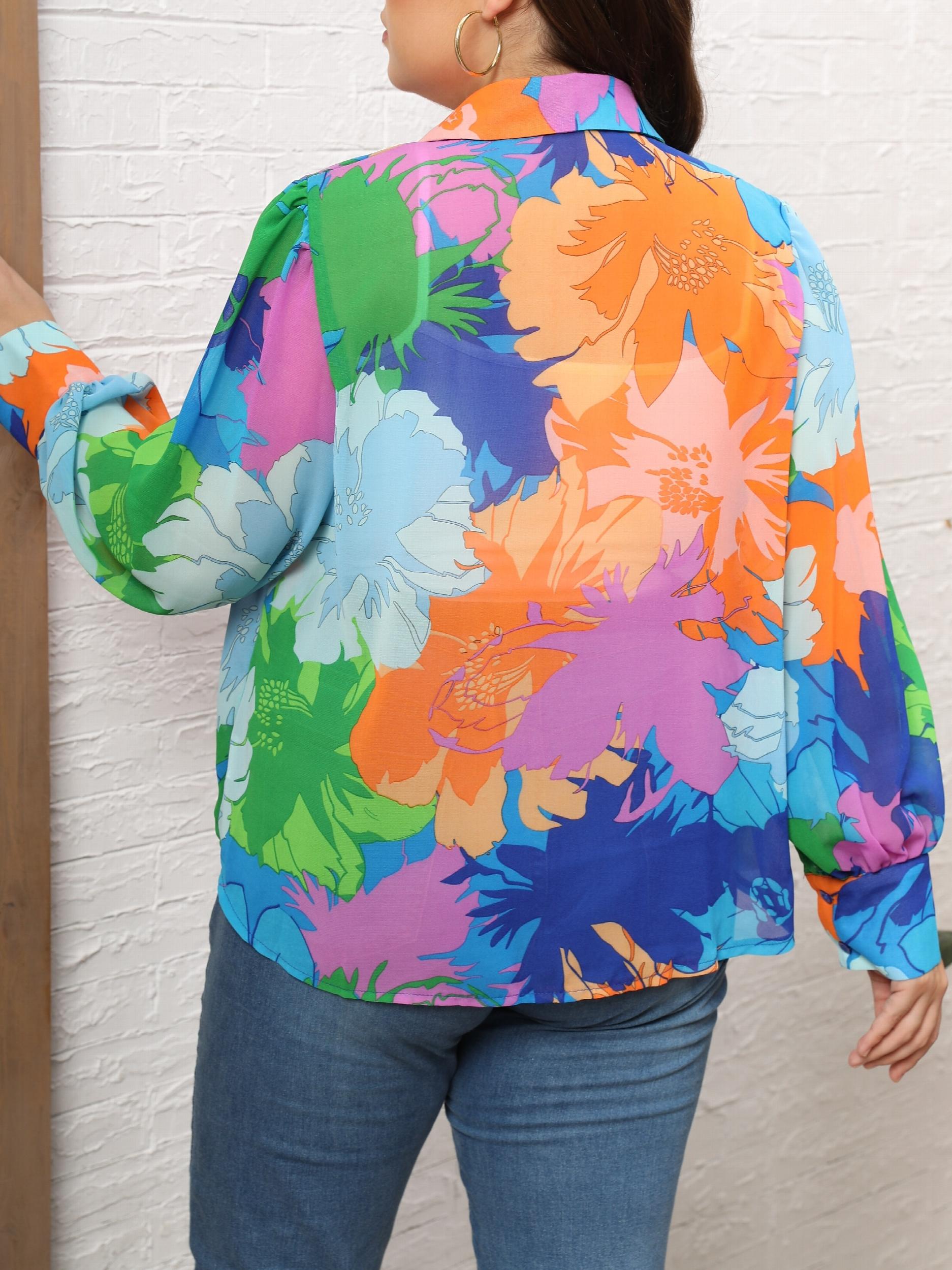 Boho Blouse Women's Plus Contrast Floral Print Lantern Sleeve