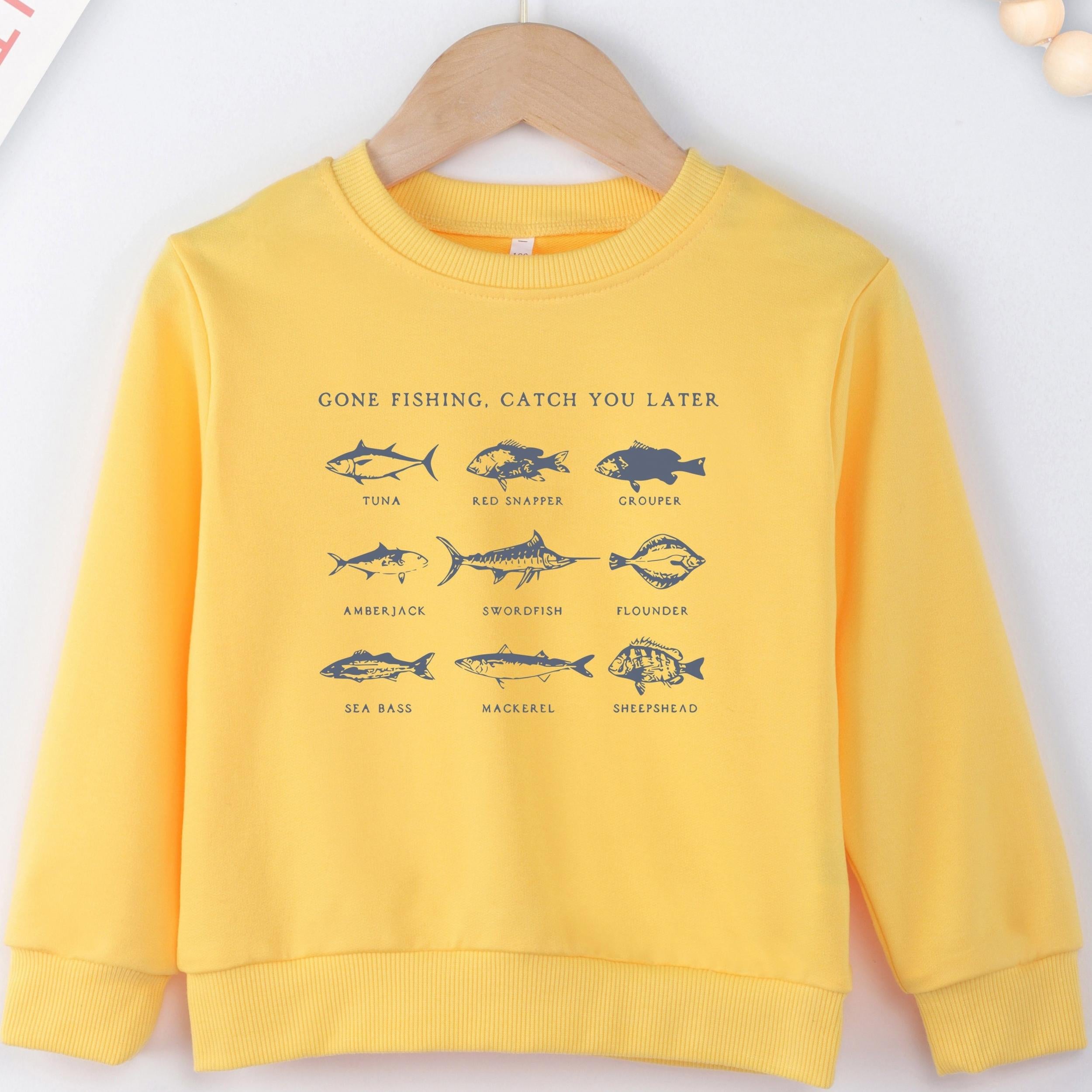 Fish Print Boys Casual Pullover Sweatshirt Long Sleeve Crew Neck Tops