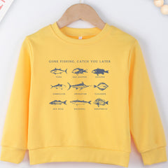 Fish Print Boys Casual Pullover Sweatshirt Long Sleeve Crew Neck Tops