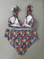 Floral Print Ruffle Trim Backless Plus Size Retro Bikini Set