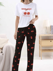 Cherry Print Pajama Set Short Sleeve Top & Pants